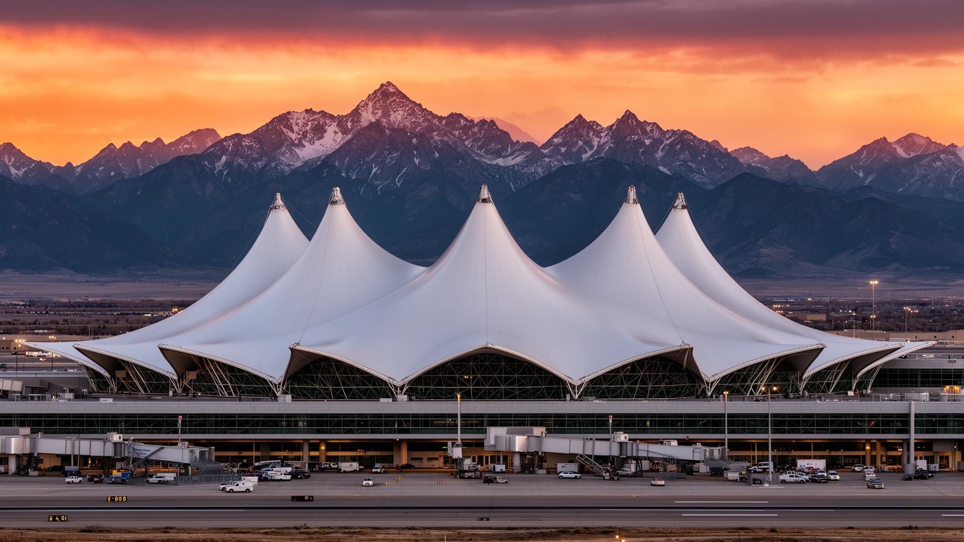 Denver International Airport at sunset with Rocky Mountains