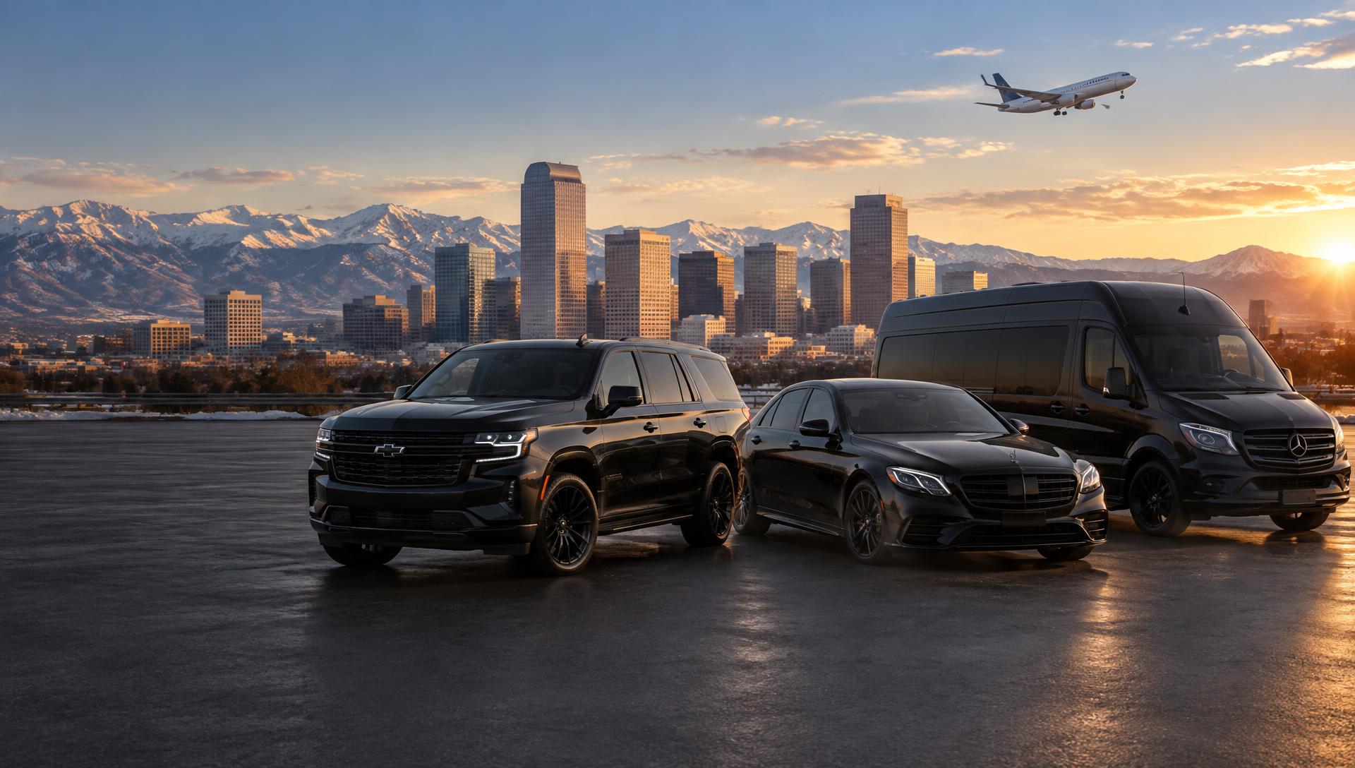 Black Chevrolet Suburban, luxury sedan, and executive van overlooking downtown Denver and the snow-covered Rocky Mountains as an airplane flies overhead